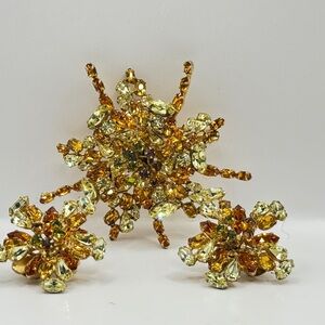 Vintage Schreiner New York Amber Rhinestone Brooch & Earrings Set Unsigned